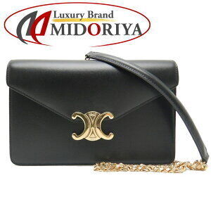 Celine Triomphe Chain Wallet Bag Shoulder Shiny Calfskin Leather Black